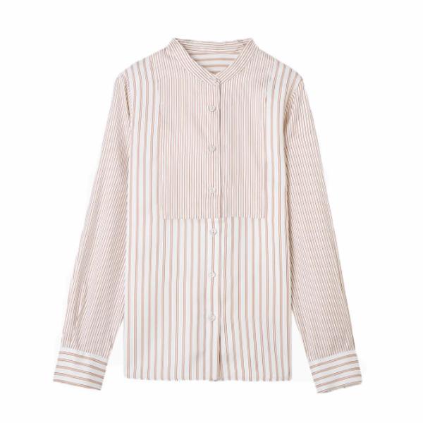 Real commuter striped printed shirt spring and autumn 1116 new trendy stand-up collar long-sleeved splicing shirt women's top