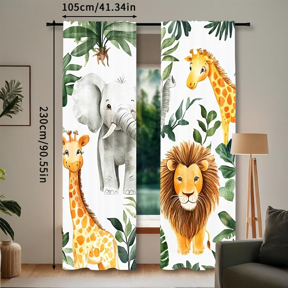2pcs Safari Animal Adventure Curtains - Woodland Jungle Print with Lion, Elephant & More, Rod Pocket Design, Semi-Transparent Po