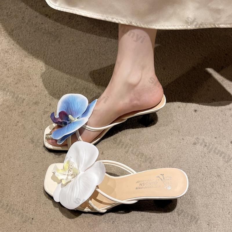 Women's Flowers High Heels Flip Flops Sandals Ladies 2025 Summer New Sandals Open-toed Square Thin Strap Sexy Slippers
