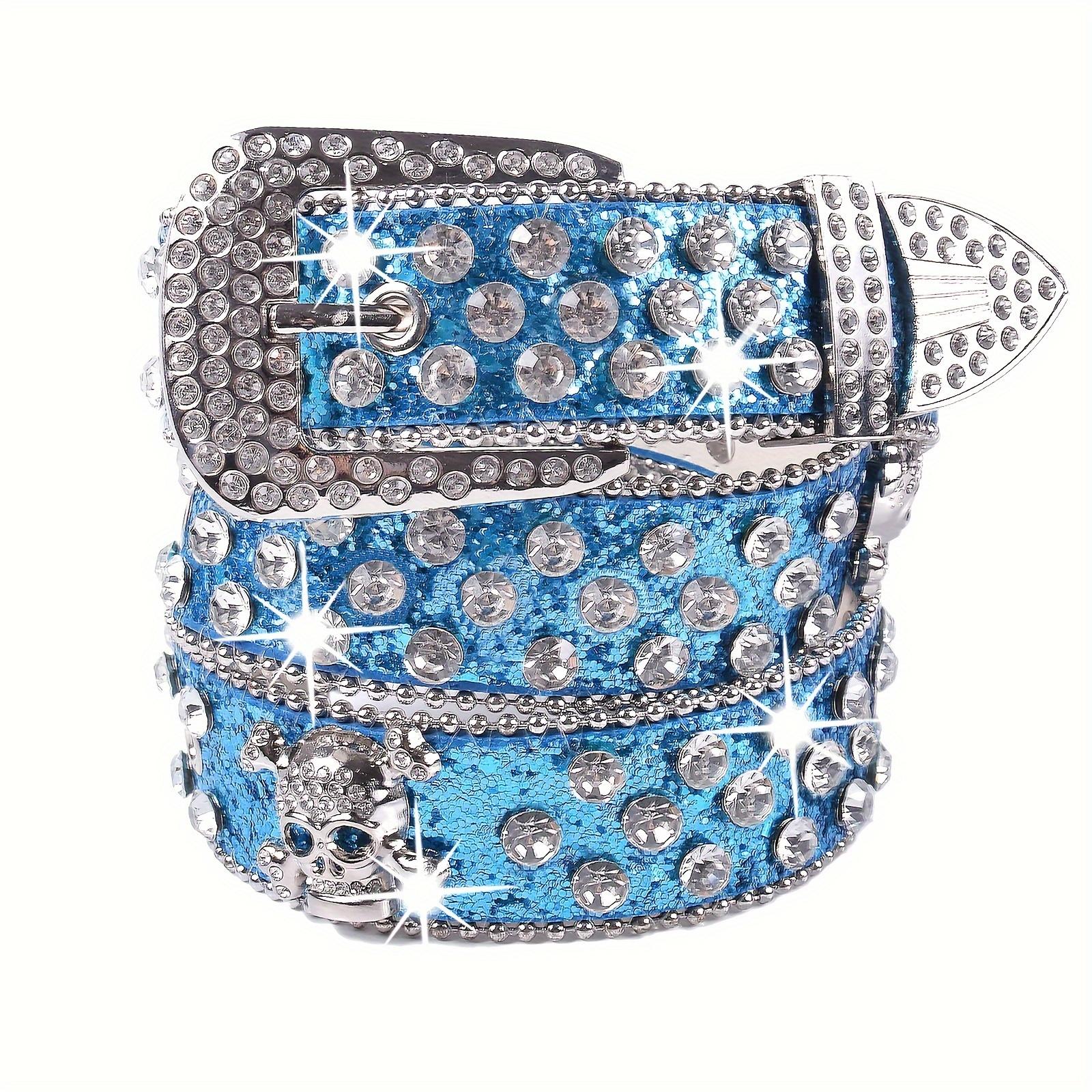 Schedel Klinknagel Strass Bb Riemen Trendy Effen Glanzende PU Leer Riem Cowboy Cowgirl Jeans Broek Riem Voor Vrouwen Meisjes 115cm blauw