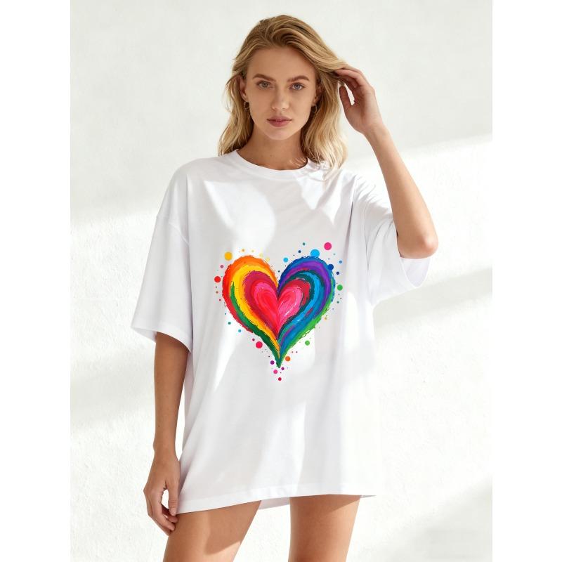 Oversize Women's Short-Sleeve T-Shirt with Rainbow Brushstroke Heart and Colorful Ink Spot Print