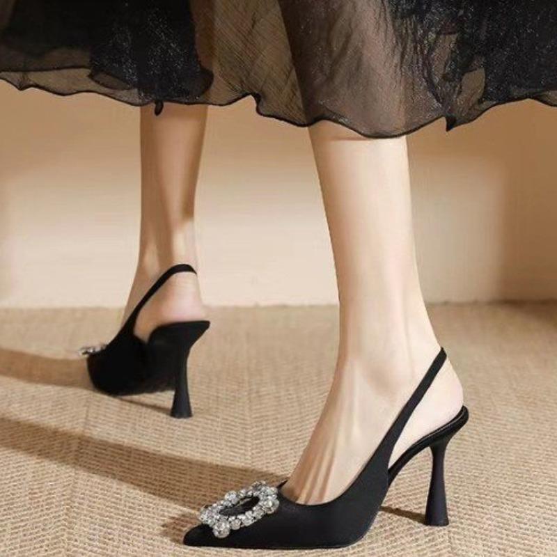 Fashion Elegant Ladies Crystal Buckle Pumps Summer 2025 Sexy Pointed Toe High Heels Sandals Women Back Strap Party Wedding Shoes Woman