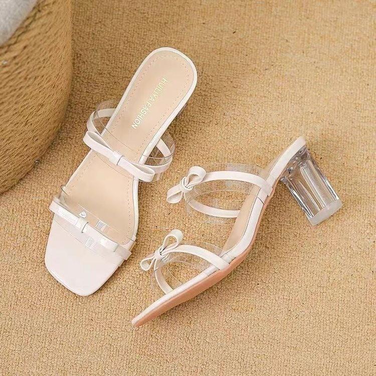 

Bow transparent crystal new fashion 2025 spring sweet pink cool slippers open-toed high-heeled half slippers women 40