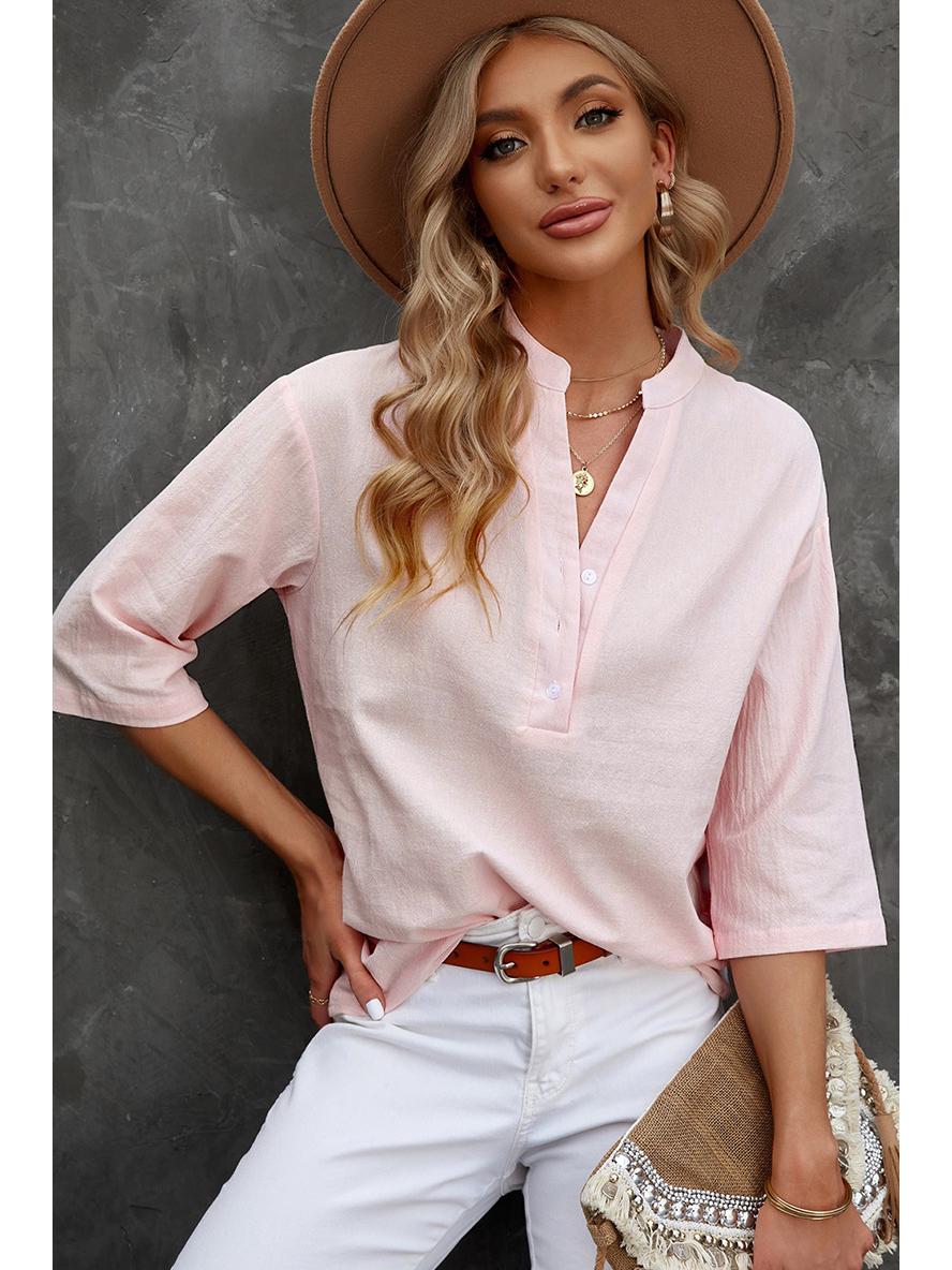 

Летняя женская однотонная футболка с рукавом пять четвертей свободного кроя, большого размера Small розовый