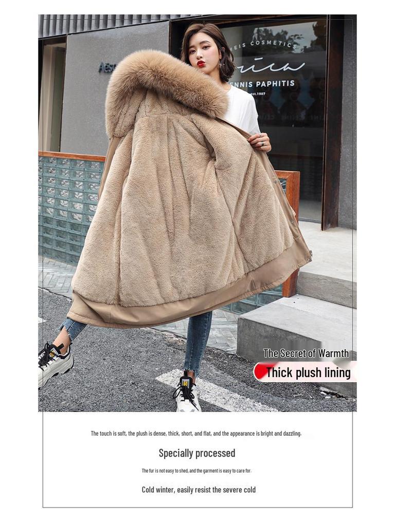 2025 Winter Women's Mid-Length Fur Collar Cotton Coat with Velvet Padding