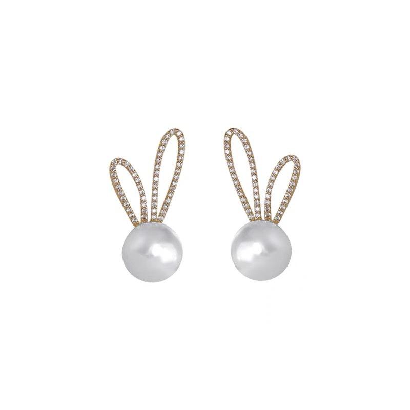 111 Silver Needle Pearl Diamond Rabbit Ear Stud Earrings Women's Small Cute Sweet Rabbit Earrings Exquisite Versatile Earrings