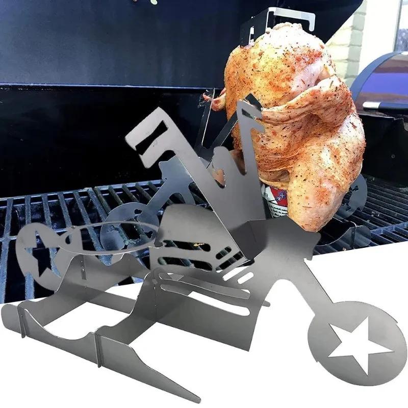 2025 new American Motorcycle BBQ Steel Rack with Beer Can Holder for Juicy and Funny Chicken Grilling Roast Barbecue Accessories to
