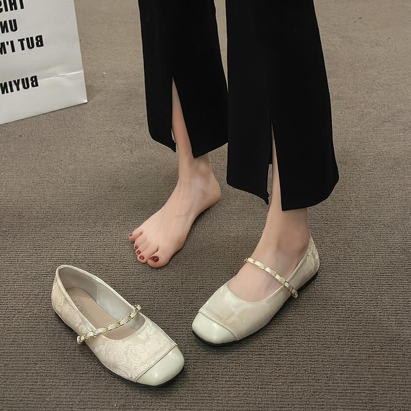 Female Shoes On Sale 2024 New Mary Janes Women's Flats Fashion Dress Flats Women Print Chain Square Toe Outdoor Ladies Shoes