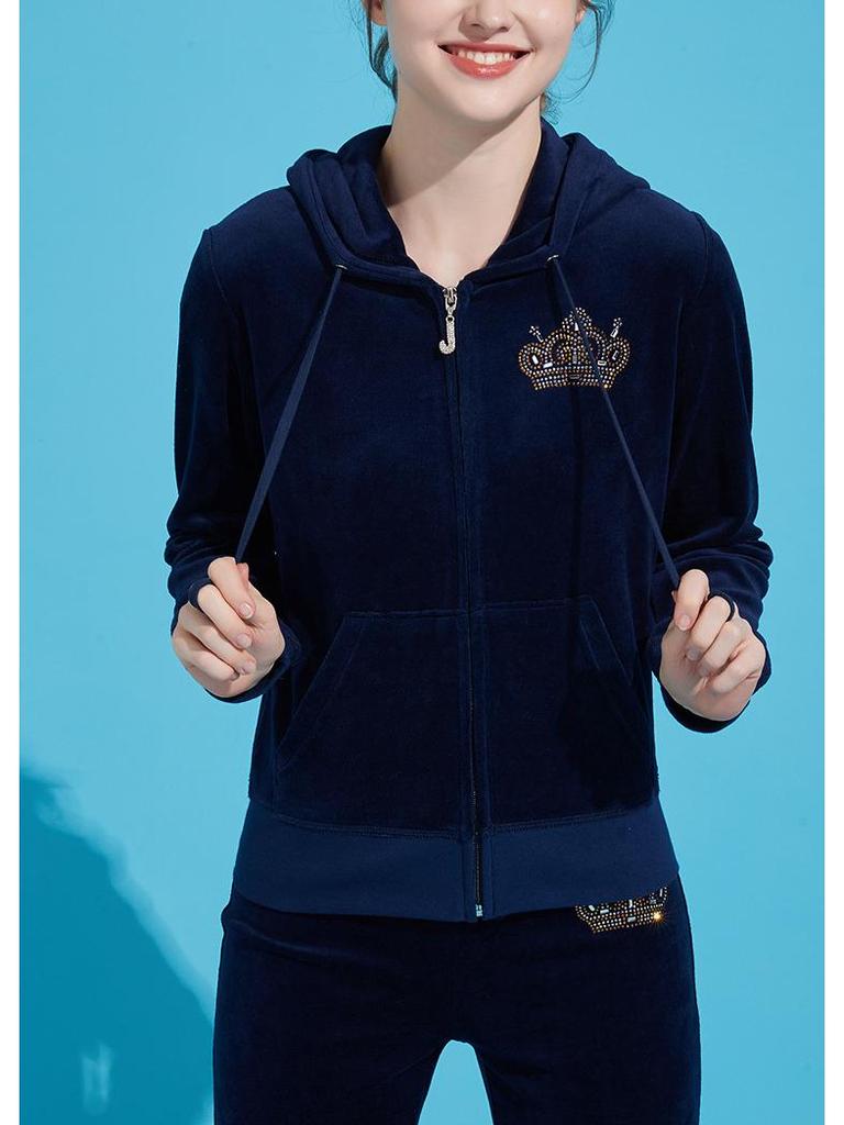 Luxurious Women's Velvet Hooded Two-Piece Sportswear Set - Loose Leg, Hot Drill. Perfect for Spring & Autumn.