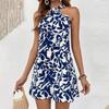 Women Spring Summer Sleeveless Sexy Backless Short Skirt Ruffle Print Neck Dress