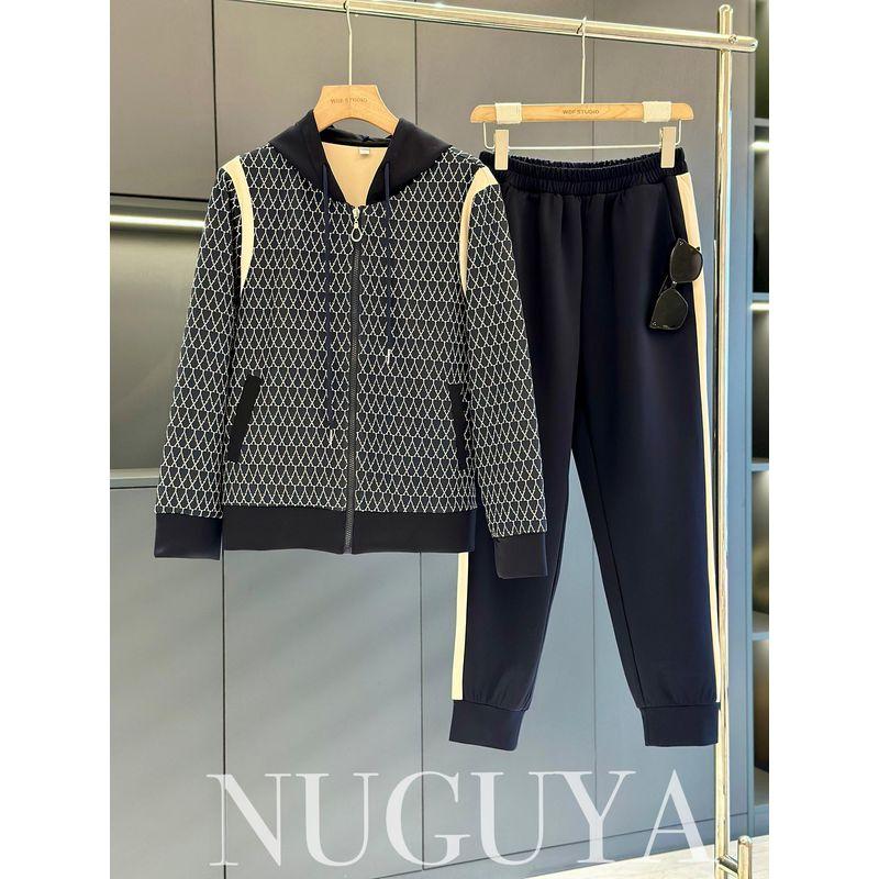 

Fashion Casual Mother s Wear Suit Women s Hooded Spring & Fall New Hoodie Temperament Western Style Middle-Aged Sportswear Two-piece Set Navy blue XL