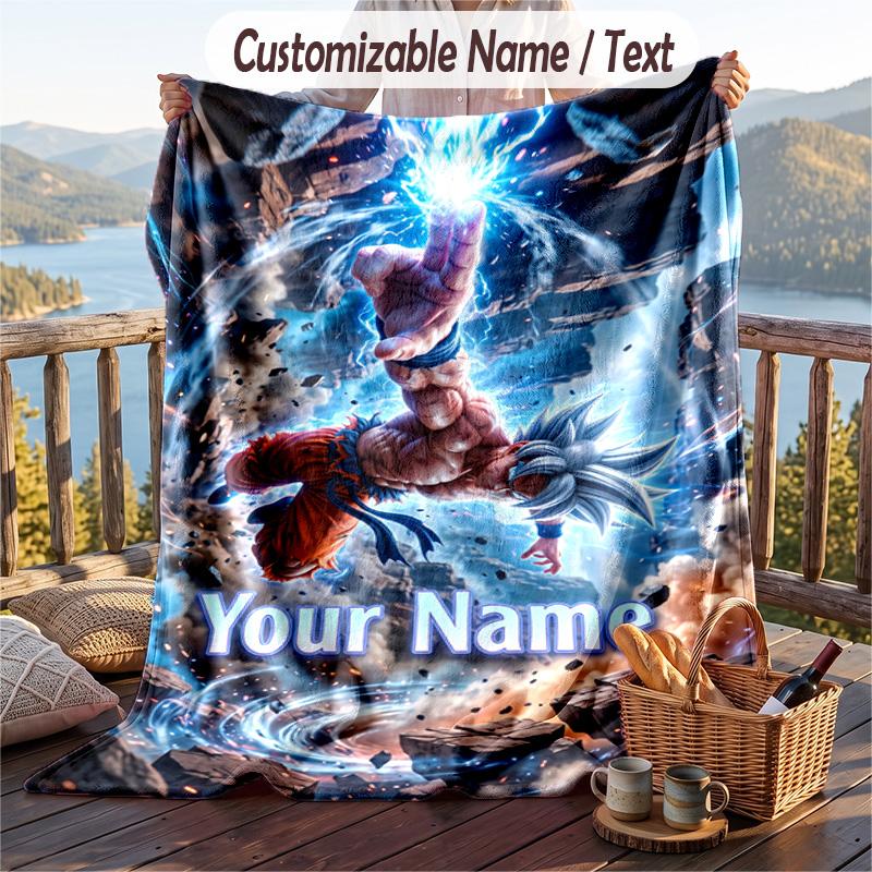 Manta de Franela Personalizada, Nombre Impreso Personalizado de Dragon Ball, Manta de Peluche Acogedora Para Uso en el Hogar