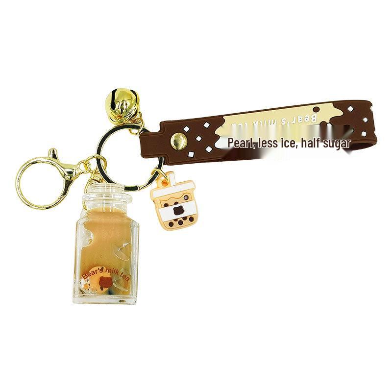 Floating Oil-Filled Bear Milk Tea Cup Keychain - Cute Backpack Pendant for Couples