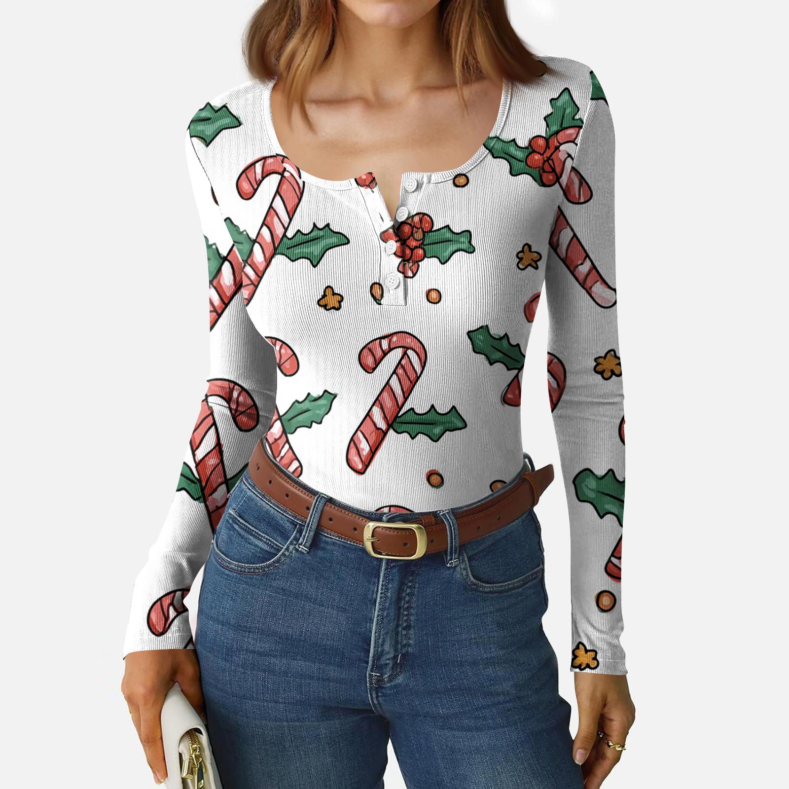 

Women s Casual Fashion Christmas Print Button Long Sleeve Top XXL белый