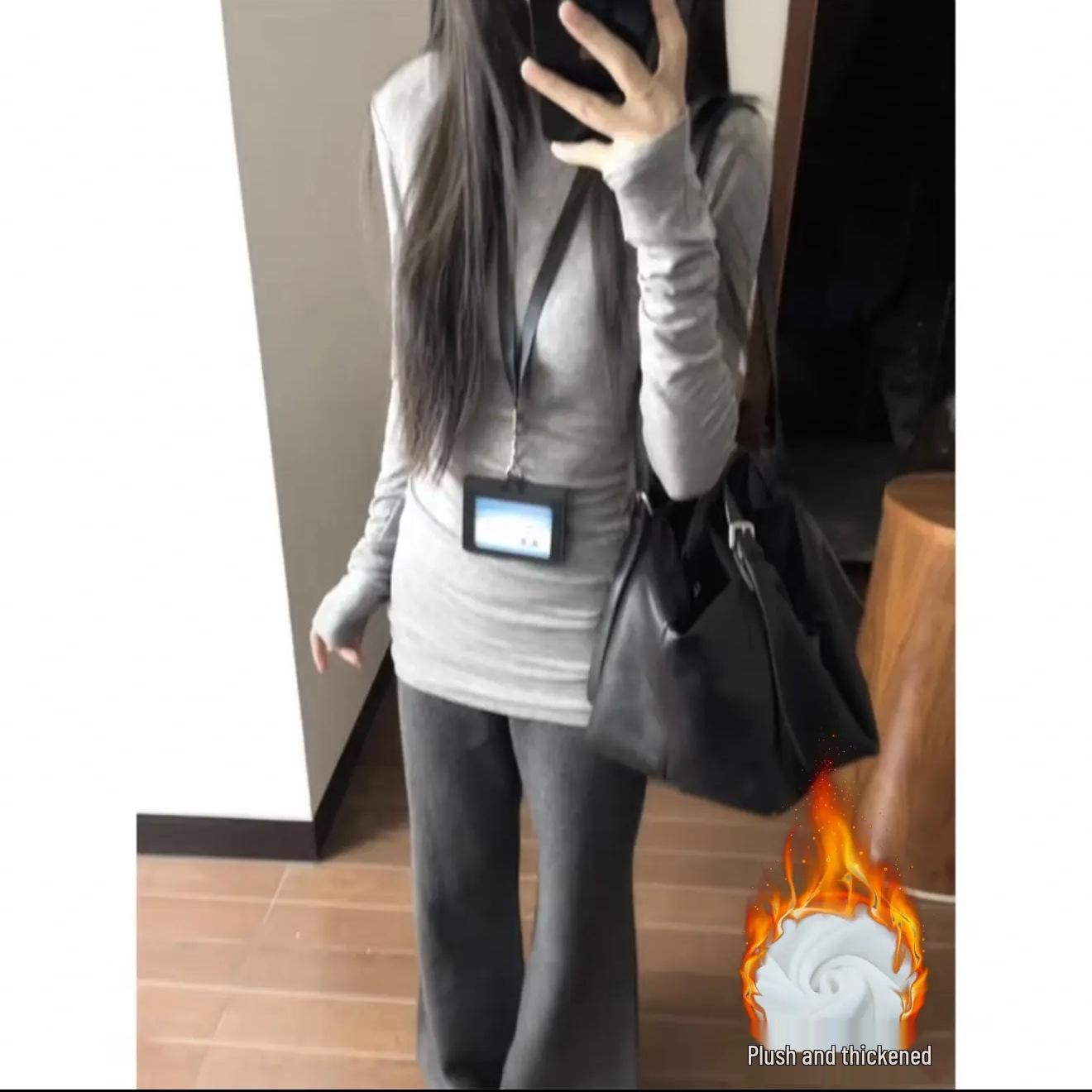 

270g Ribbed Velvet Slim-Fit Long-Sleeve T-Shirt for Women - Autumn/Winter Layered Top Extra Large серый