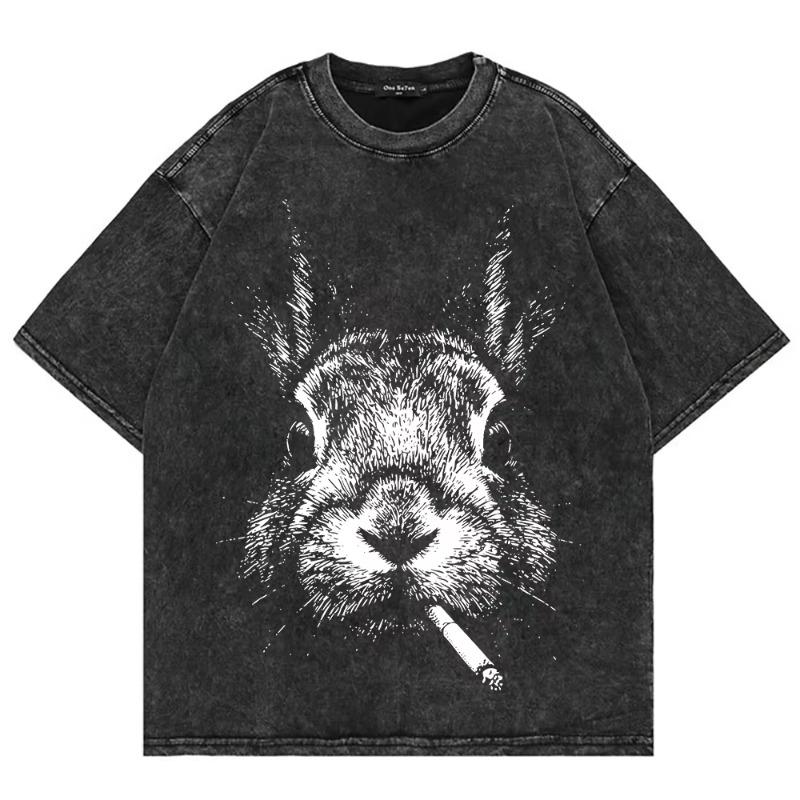 100% Cotton Vintage Washed Y2K Funny Smoking Rabbit Tshirt Fashion Men Retro Cool Bunny Meme Oversize Loose Acid Wash Tee Shirt