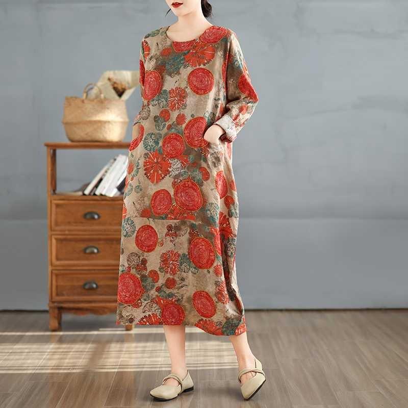 New Retro Printed Round Neck Loose Plus Size Long Dresses