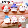 A pack of 12 adorable Halloween ghost resin accessories for DIY hair clips and decorations, including shoe buckles, hat patches,