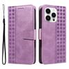 For iPhone 14 Pro Max Leather Case Wallet Stand Grids Imprinted Phone Cover with Strap