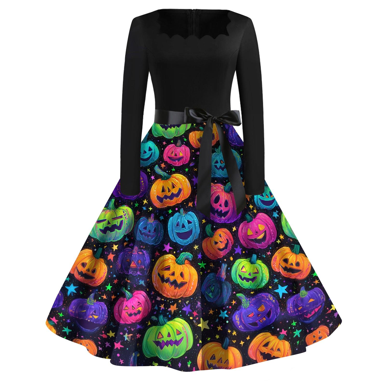 

Women s Casual Vintage Halloween Print Square Neck Long Sleeve Dress Retro Fit Flared Skirt Midi Length with Waist Tie Belt XL жовтий
