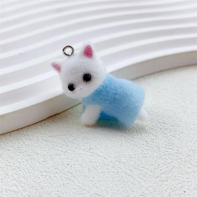 Dress Cat Pendant Cute 3D Hairy Flocking Animal Cat Charms Miniature Dolls Keychain Necklace Pendant DIY Crafts Jewelry Make