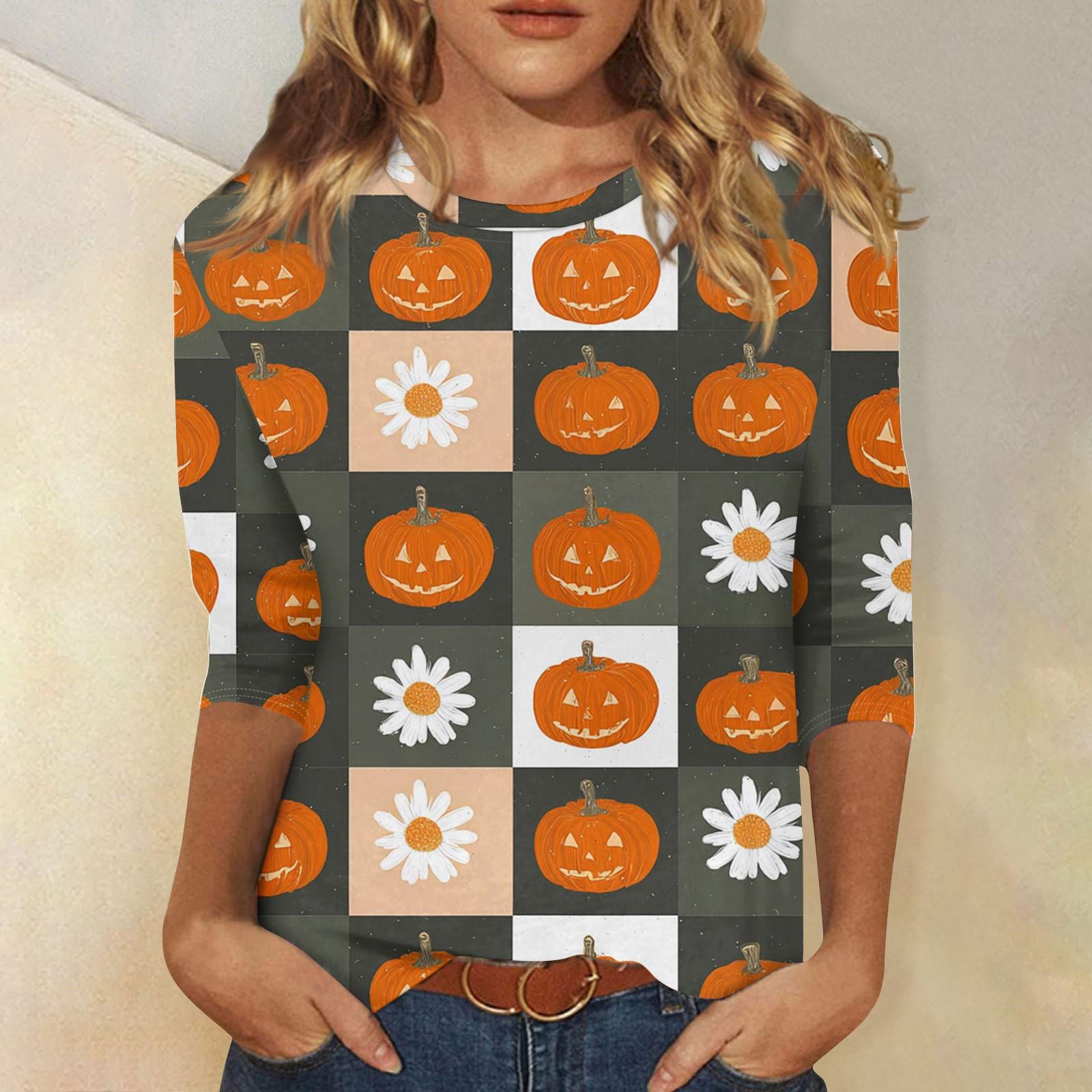 

Женская модная повседневная футболка с рукавом три четверти и принтом на Хэллоуин, с круглым вырезом L