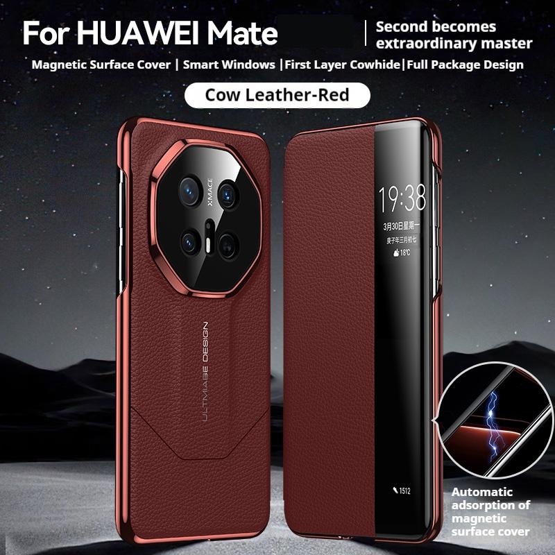 Genuine Leather Flip Cover Case For HUAWEI Mate 70 Pro RS Mate 60 Smart View Wake Sleep Call ID Display