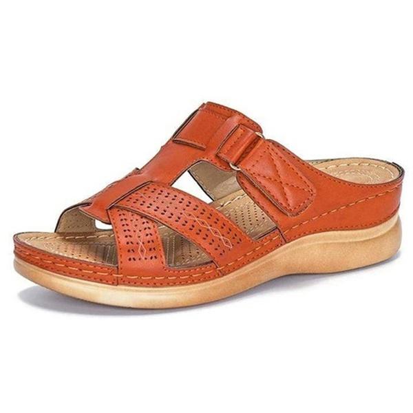 Beställ en storlek upp, sommar Kvinnor Premium Ortopediska Sandaler med öppen tå Kvinnliga Tofflor Spänne Rem Vintage Anti-halk Andas Tofflor Plus Size Sandaler