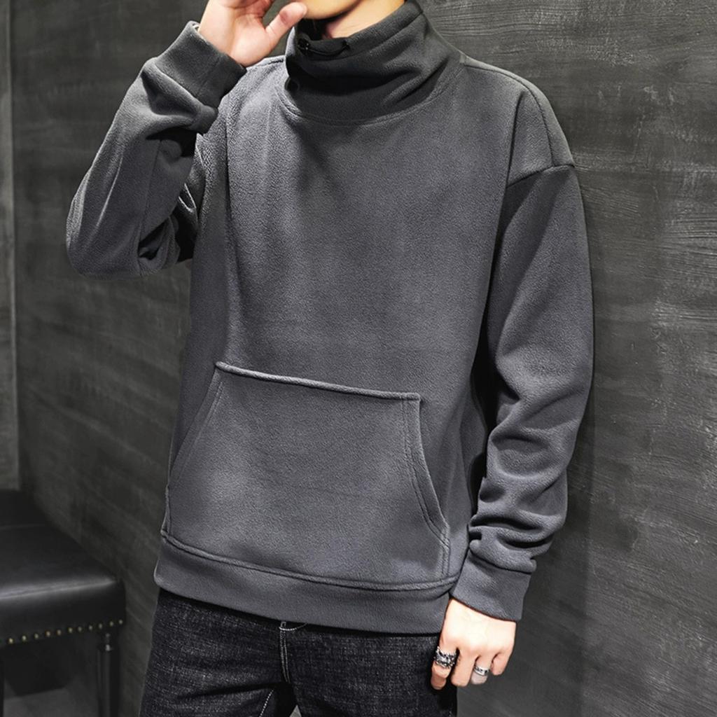 Men's Casual Solid Color Round-neck Long-sleeved Pocket Sweatshirt, Men's Fleece Thickened Warm High-neck Sweatshirt