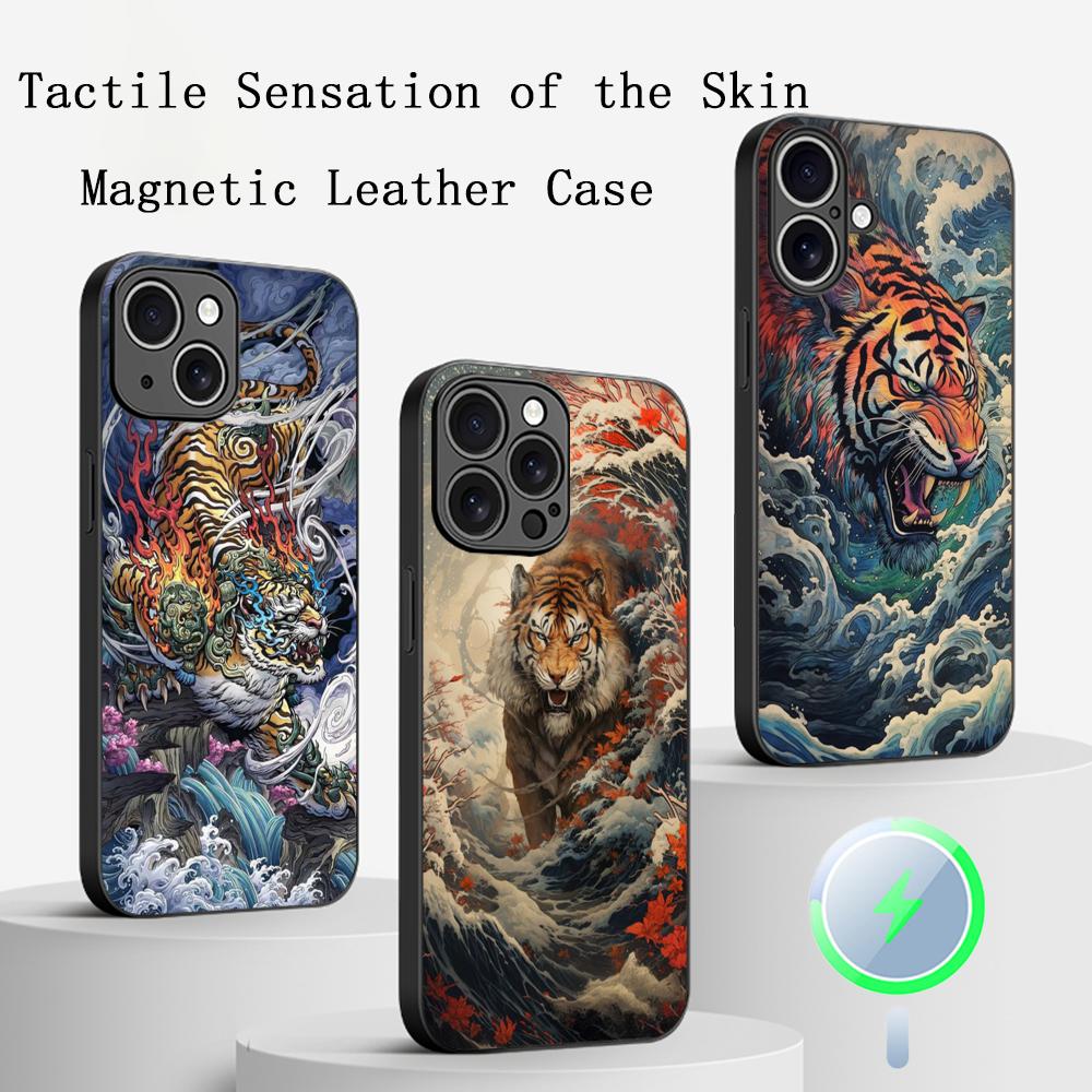 Japanese Tiger Art fashion design Phone Case For iPhone 16 15 14 13 12 11 Plus Pro Max  High-end Luxury Magsafe Sheepskin