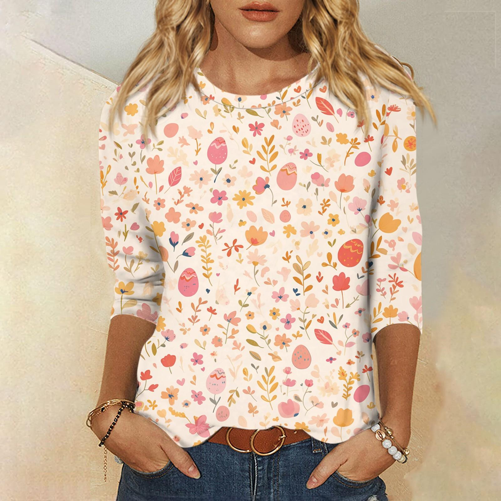 

Топы с рукавами 3/4 для женщин, футболка, повседневные топы с принтом, футболка, пуловер с круглым вырезом, блузка S розовый