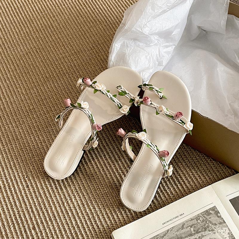 

Летние женские шлепанцы с перемычкой для пальца, украшенные цветами, модные шлепанцы на низком каблуке, удобная обувь для улицы, пляжа, отпуска 35 бежевый