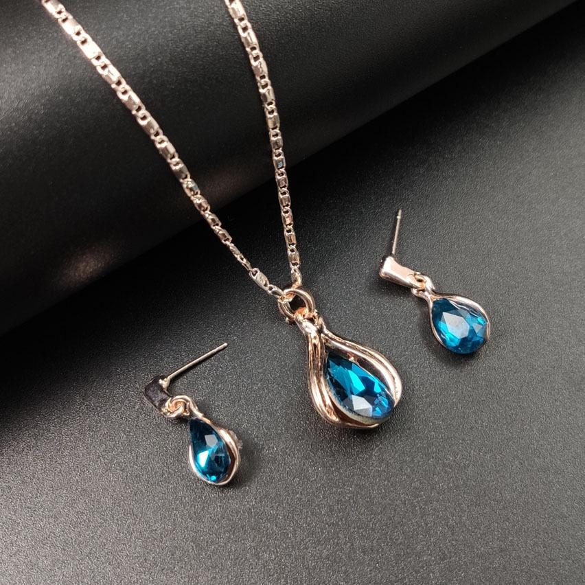Women's Blue Green Teardrop Necklace and Earrings Set