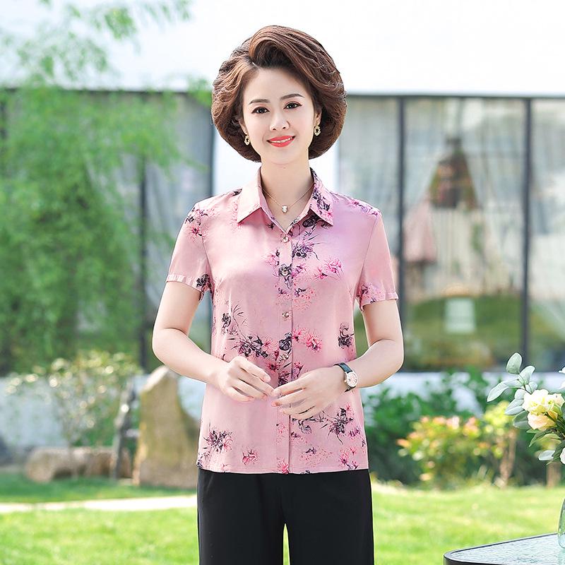 

Women s Silk Short-Sleeve Printed Lapel Top - Elegant Summer Mulberry Silk Shirt for Middle-Aged & Elderly L (80-100 lbs) рожевий