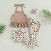 TheFound Baby Girl Summer Outfit Rainbow Print Halter Top Ribbed Bell Bottoms Pink Pant 2Pcs Clothes