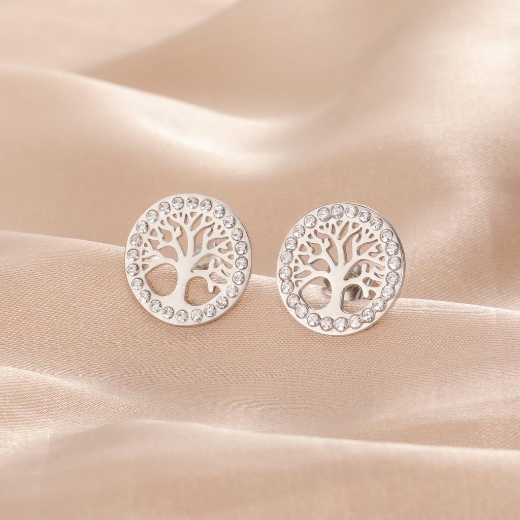 Tree of Life Clear Zircon Round Stud Earring Stainless Steel Gold Color Ear Stud Vintage Amulet Jewelry Valentine Gift