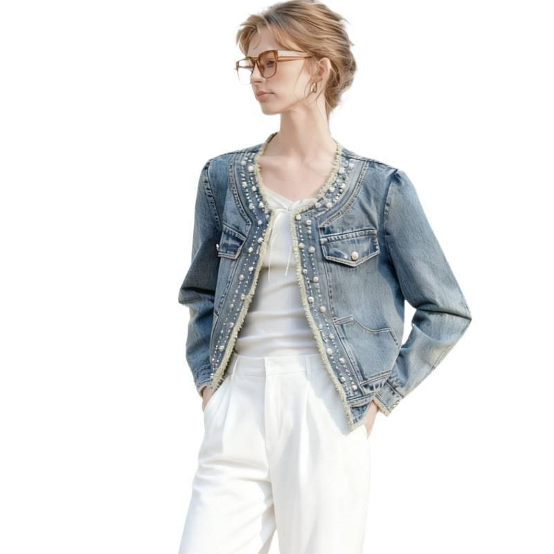 Giacca di Jeans con Perline Versatile di Alta Qualità Resistente