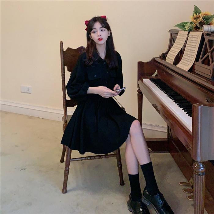 

Autumn Korean version of autumn clothing POLO collar drawstring waist thin small A-shaped long-sleeved dress women s skirt S