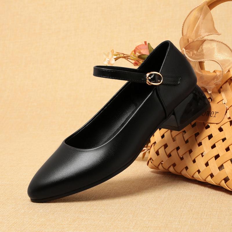 Soft Sole Single Shoes One-Button Thick Heel Round Toe Work Shoes Women's Black Work Shoes Women's Leather Shoes Comfortable