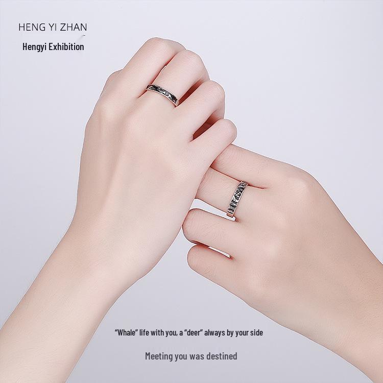 Pierścionki dla par s999 Czyste Srebro Retro Wieloryb i Jeleń: Japoński i Koreański Design Niszowy, Otwarte Pierścionki Dopasowujące się, Prezent Świąteczny