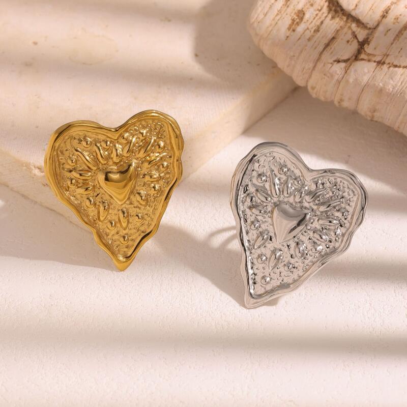 Stainless Steel Water Pattern Drip Heart Rings for Women Men Exaggerated Hammer Texture Opening Rings Party Jewelry Accessories