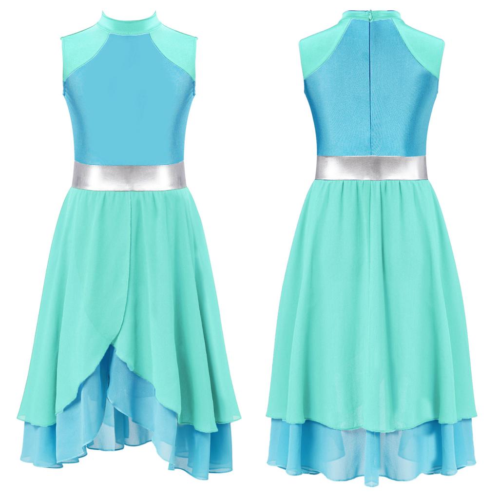 Kids Girls Color Block Dance Dress Mock Neck Sleeveless Tiered Wrapped Hem Praise Lyrical Dance Dress Dancewear