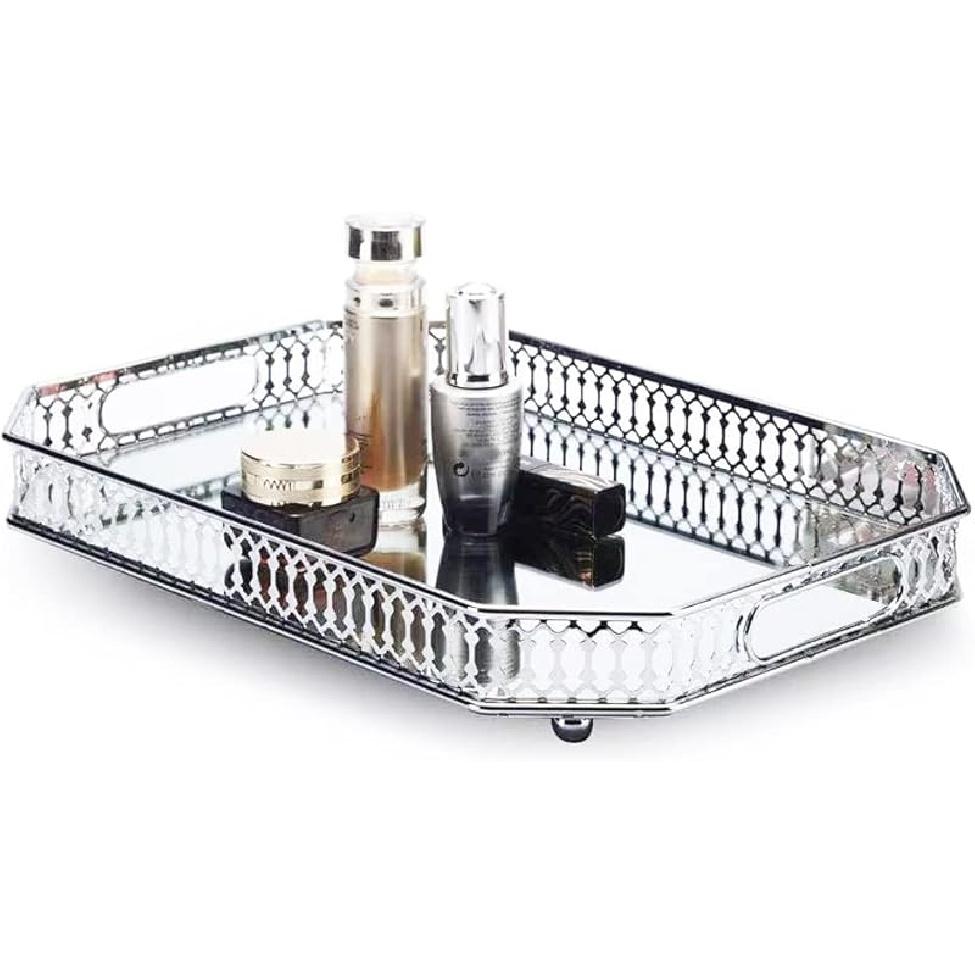Perfume Vanity Mirror Tray - Durable Decorative Organizer for Dresser, Bedroom, Bathroom Countertops - Spacious 13.8x9.6x2.2 Inches, серебряный