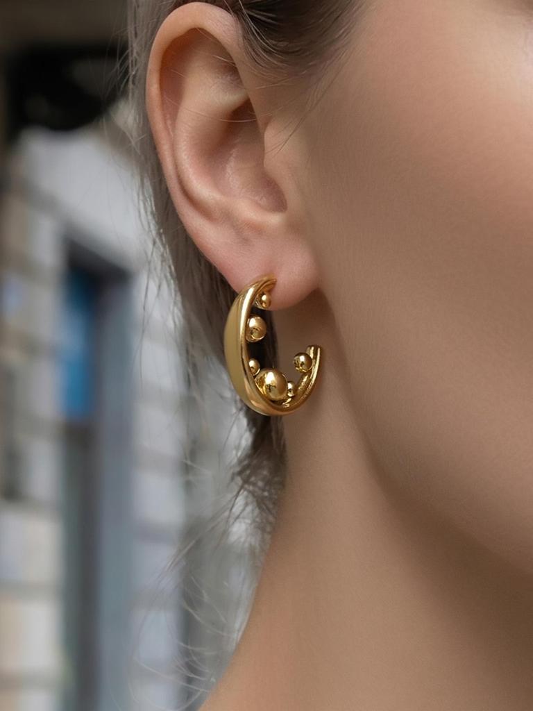 C-Shaped Gold Bead Earrings: European and American Design, Stainless Steel, Thick Gold Plating.