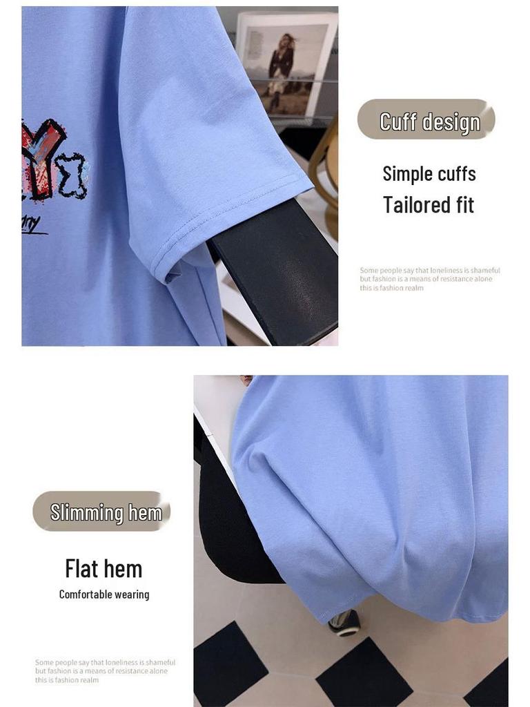Plus Size V-Neck Slimming Mid-Length Loose T-Shirt for Women, Short-Sleeved, Covers Belly, Available In 200/300/350 Jin.