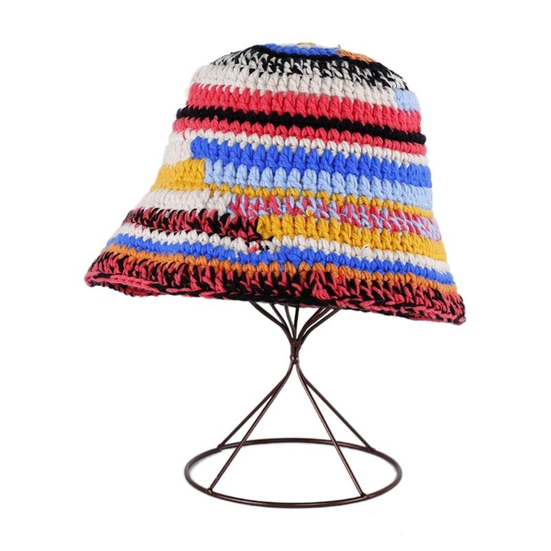 Popular Female Hat Knitting Bucket Hat Handmade Crochet Rainbow Fisherman Hat Women Girl Photo Beanie Warm Striped Cap