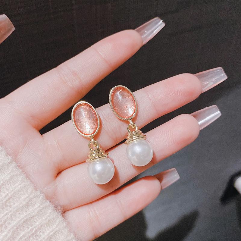 French retro personalized pearl stud earrings versatile antique oval earrings earrings красный