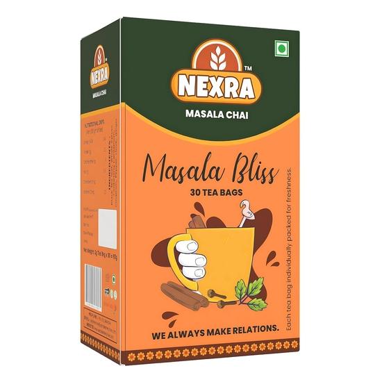 Nexra Masala Bliss Tea 30 Bags | Authentic Masala Chai with 11 Hand Ground Spices | Assam CTC & Orthodox Black Tea | Rich Aromatic Indian Masala Tea 100GM