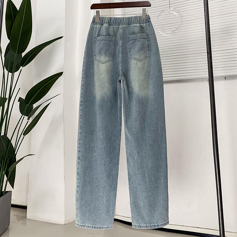 DIMANAF 2025 Frühling Jeans Lange Hosen Damen Denim Elastisch Basic Hosen Locker Lässig Blau Weiter Bein Hosen Lässige Hosen Große Größen Hosen