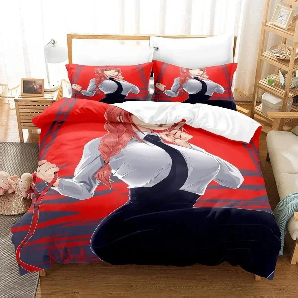 3D Druck Anime Chainsaw Man Makima Bettwäsche-Set, Bettdeckenbezug Bett-Set Steppdeckenbezug Kissenbezug, King Queen Twin Größe Jungen Mädchen Erwachsene